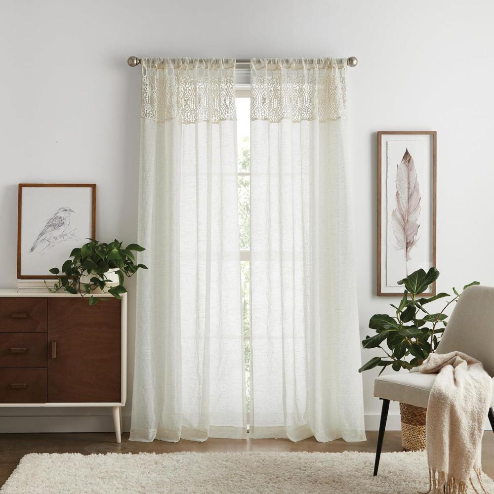 imageMartha Stewart Boho Curtains Macrame Decor Textured Sheer Rod Pocket Window Curtain Panel Pair 95 LinenLinen