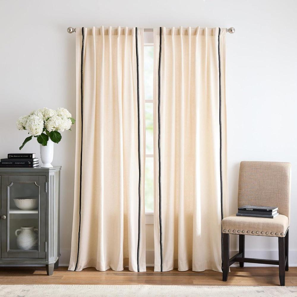imageMartha Stewart Cream Light Filtering Window Curtains for Living Room 50 x 84 Set of 2 Back Tab Panels Embroidered Stripe LinenLinen