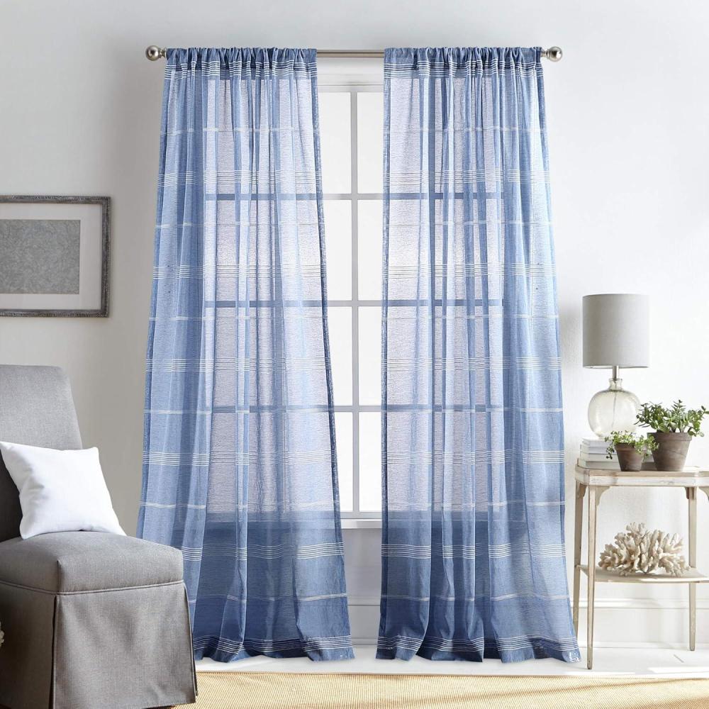 imageMartha Stewart Delicate Stripe Sheer Rod Pocket Window Curtain Panel Pair for Living Room 95 IndigoIndigo