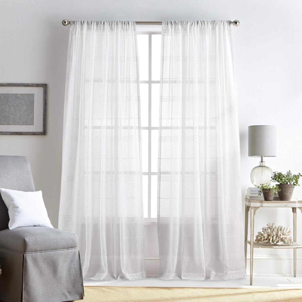 imageMartha Stewart Delicate Stripe Sheer Rod Pocket Window Curtain Panel Pair for Living Room 95 IndigoWhite