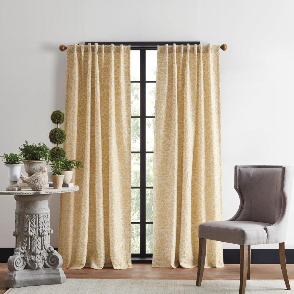 imageMartha Stewart Elegant Curtains Light Filtering Vineyard Leaf Print Rod PocketBack Tab Window Curtain Panel Pair 95 GoldGold