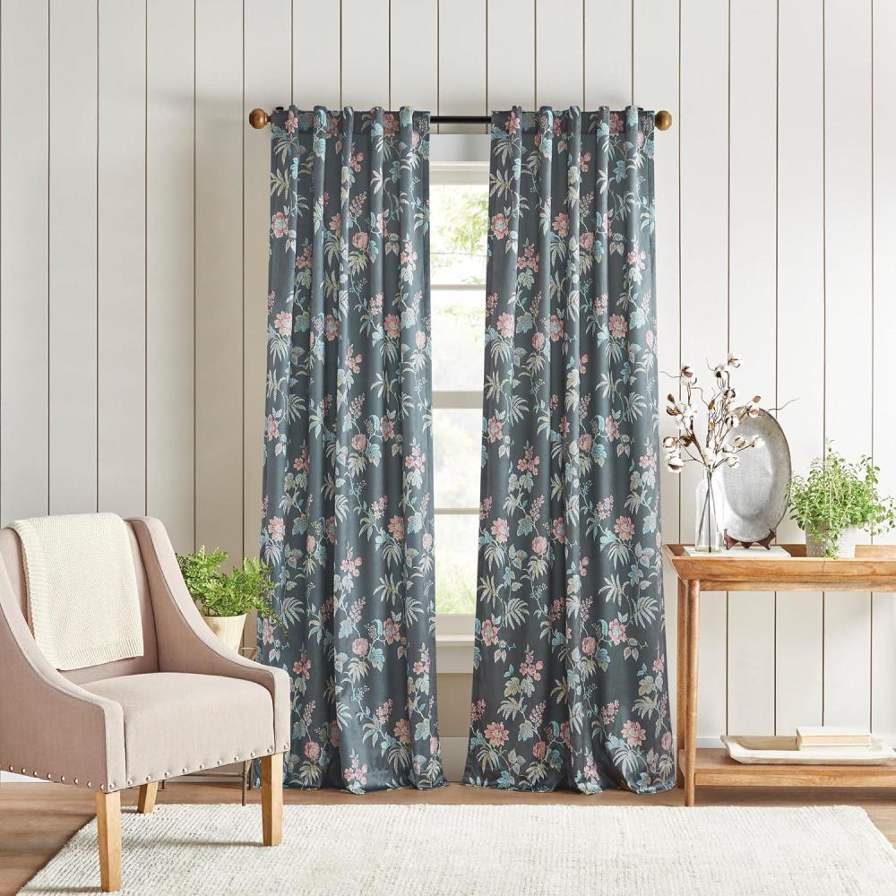 imageMartha Stewart Floral Curtains Room Darkening Botanical Flower Grey Back Tab Window Curtain Panel Pair Norah 84 CharcoalCharcoal
