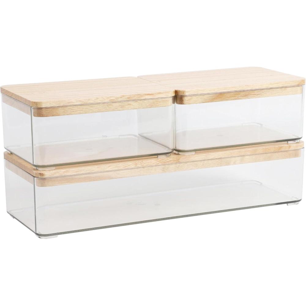 imageMartha Stewart Grady Clear Plastic Stackable Storage Boxes with Light Natural Paulownia Wood Lids Set of 3ClearLight Natural Paulownia Top