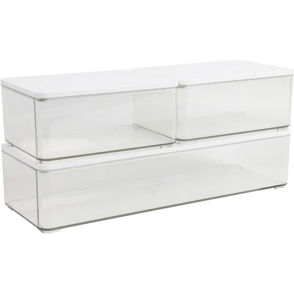 imageMartha Stewart Grady Clear Plastic Stackable Storage Boxes with Light Natural Paulownia Wood Lids Set of 3ClearWhite Engineered Top