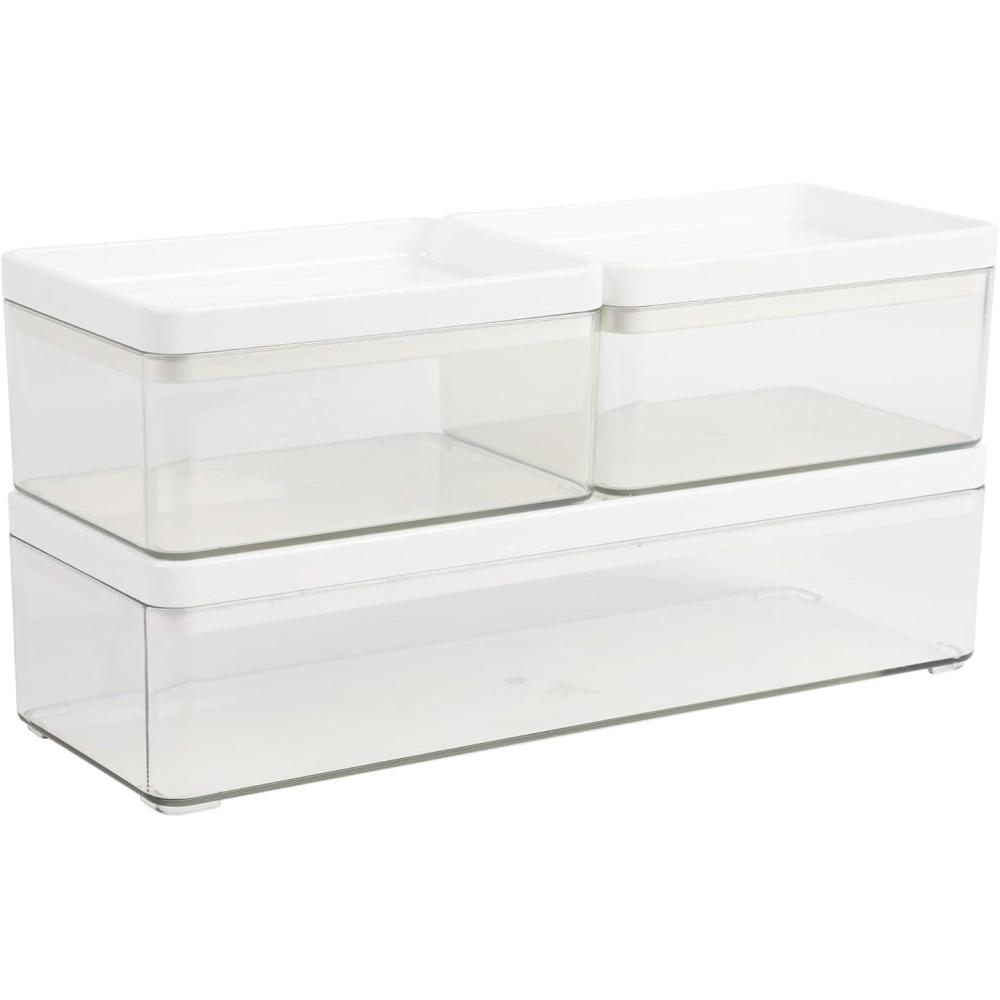 imageMartha Stewart Grady Clear Plastic Stackable Storage Boxes with Light Natural Paulownia Wood Lids Set of 3ClearWhite Plastic Top