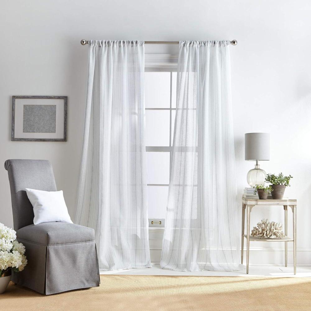 imageMartha Stewart Hampton Stripe Sheer Rod Pocket Single Curtain Panel 95 GreyGrey