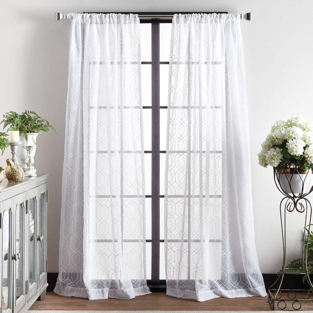 imageMartha Stewart Hourglass Embroidery Rod Pocket Window Curtain Panel Pair 95 SilverWhite