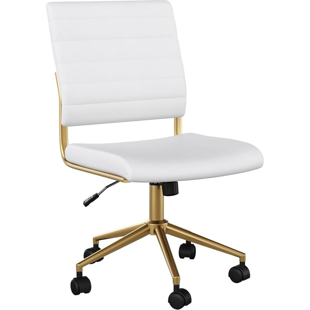 imageMartha Stewart Ivy Armless Swivel Task Chair for Home Office in White Faux Leather with Polished Brass FrameWhite Faux LeatherPolished Brass