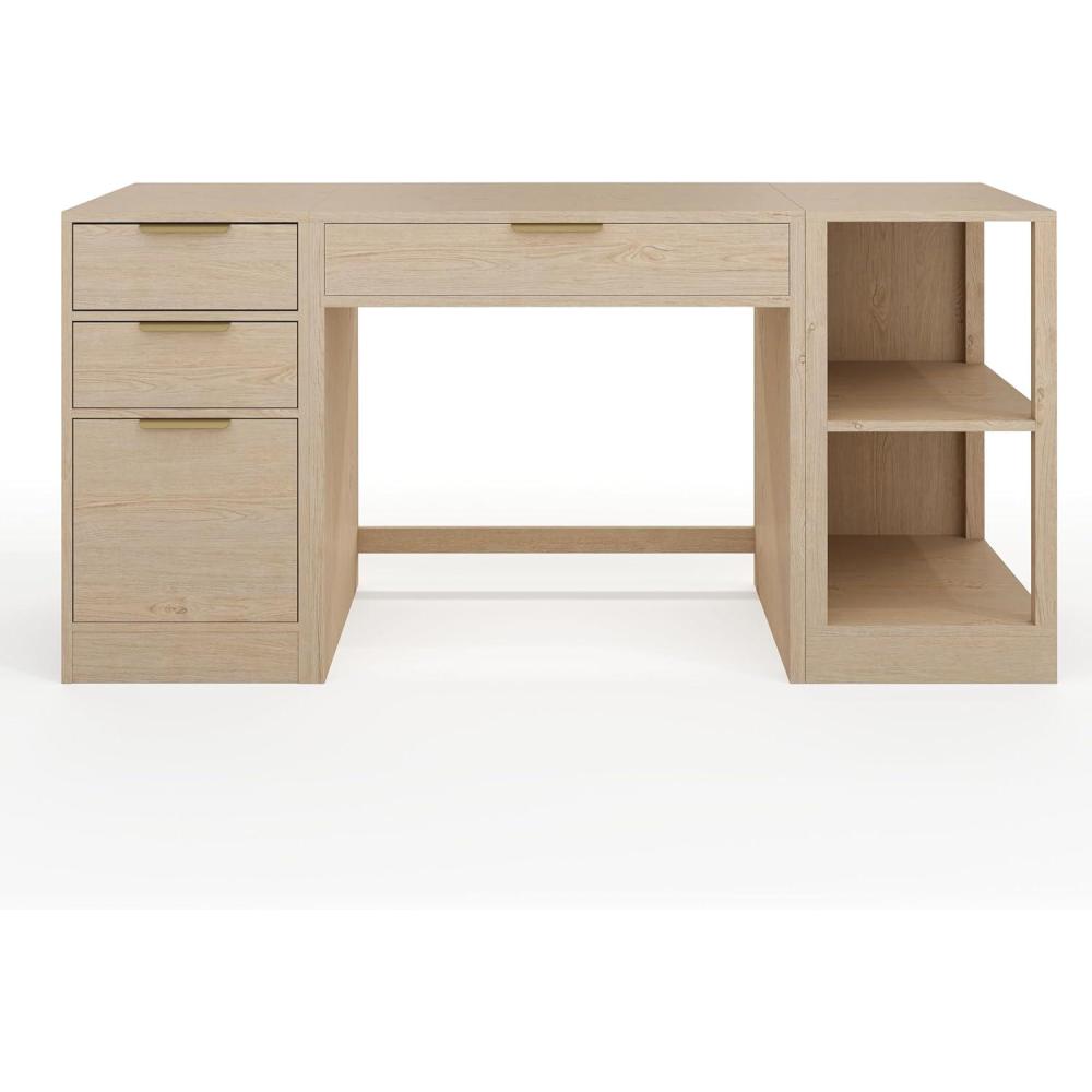 imageMartha Stewart Kayden Home Office Modular Desk with Drawer 2 Tier Shelf and File Cabinet in Light Natural with Brushed Gold Hardware