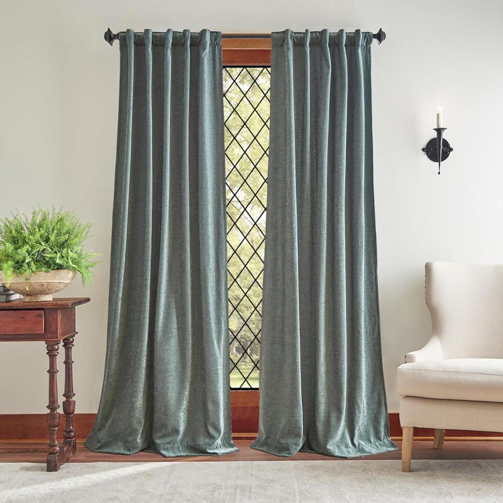 imageMartha Stewart Naples Chenille Solid Back Tab Window Curtain Panel Pair 95 Olive GreenOlive