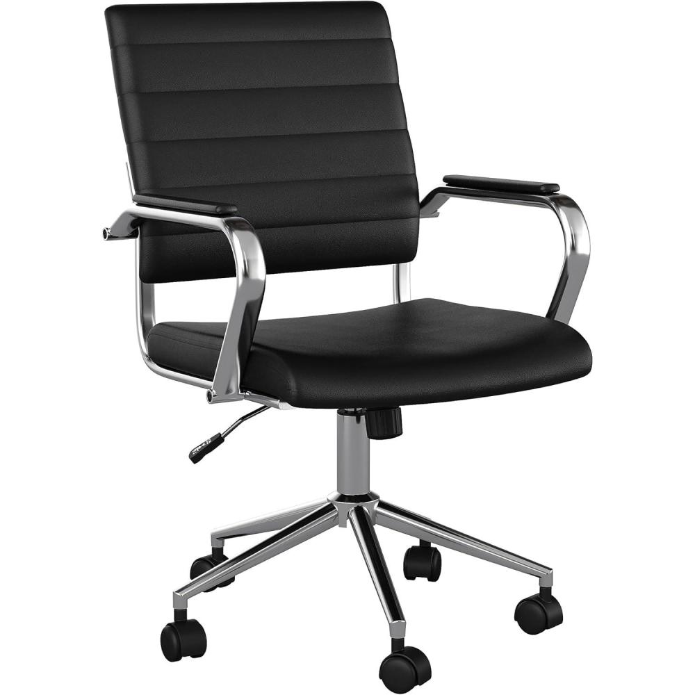 imageMartha Stewart Piper Swivel Task Chair with Armrests for Home Office in Saddle Brown Faux Leather with Polished Nickel FrameBlack Faux LeatherPolished Nickel