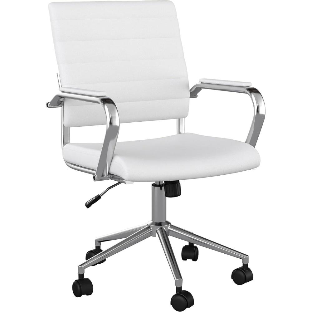 imageMartha Stewart Piper Swivel Task Chair with Armrests for Home Office in Saddle Brown Faux Leather with Polished Nickel FrameWhite Faux LeatherPolished Nickel