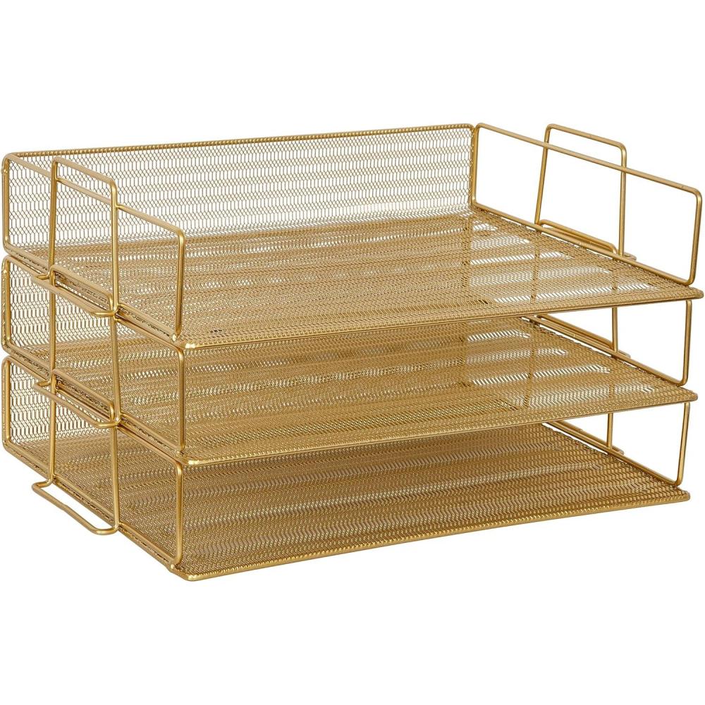 imageMartha Stewart Ryder 3 Tier Desk Letter Tray Organizer Stackable Steel Mesh Inbox Tray for Files Papers or Letters Gold