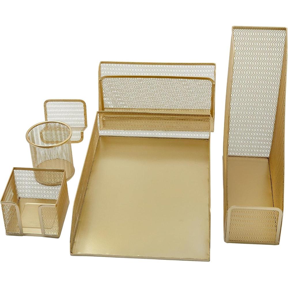imageMartha Stewart Ryder Gold Mesh Metal 6 Piece Set Desktop Organizers and Accessories Holds Files Magazines Letters Pens Sticky Notes and Business Cards