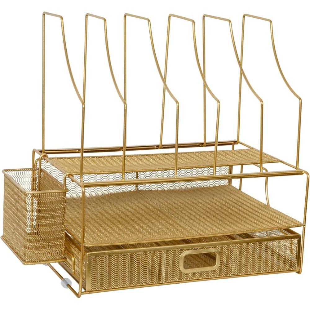 imageMartha Stewart Ryder Gold Mesh Metal Large Desktop Organizer With Paper File Letter Holder Organizer and Drawer
