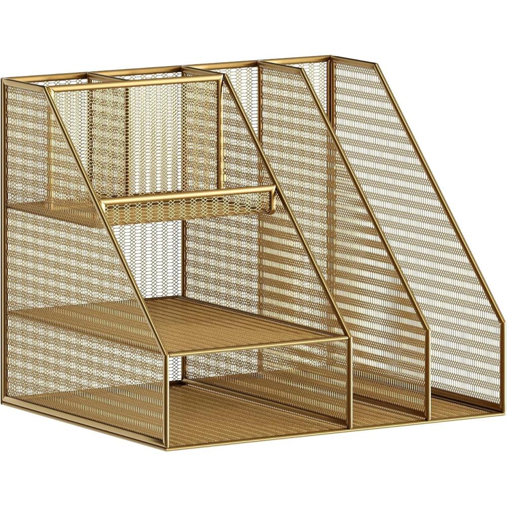 imageMartha Stewart Ryder Gold Mesh Metal Large Desktop Organizer with Magazine File Holder Pen Holder and Storage