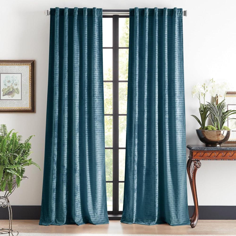imageMartha Stewart Velvet Curtains Room Darkening Wave Embossed Rod PocketBack Tab Window Curtain Panel Pair 84 Olive GreenBlue