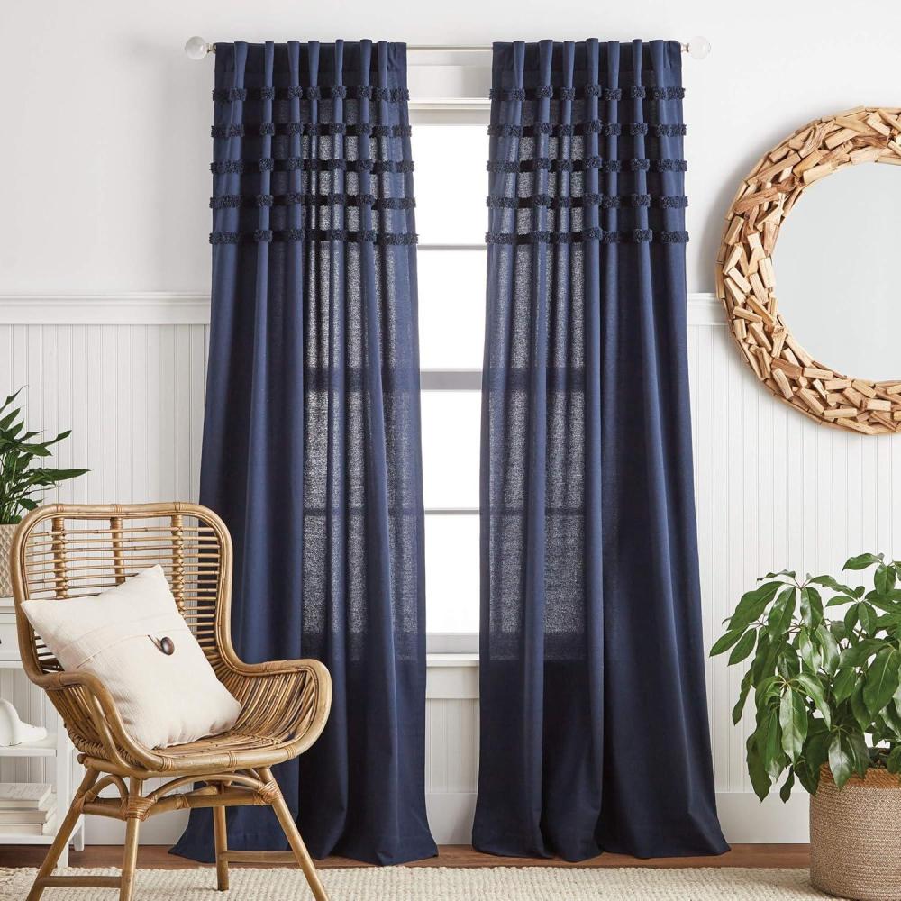 imageMartha Stewart Waters Edge Tufted Rod PocketBack Tab Window Curtain Panel Pair 84 WhiteNavy
