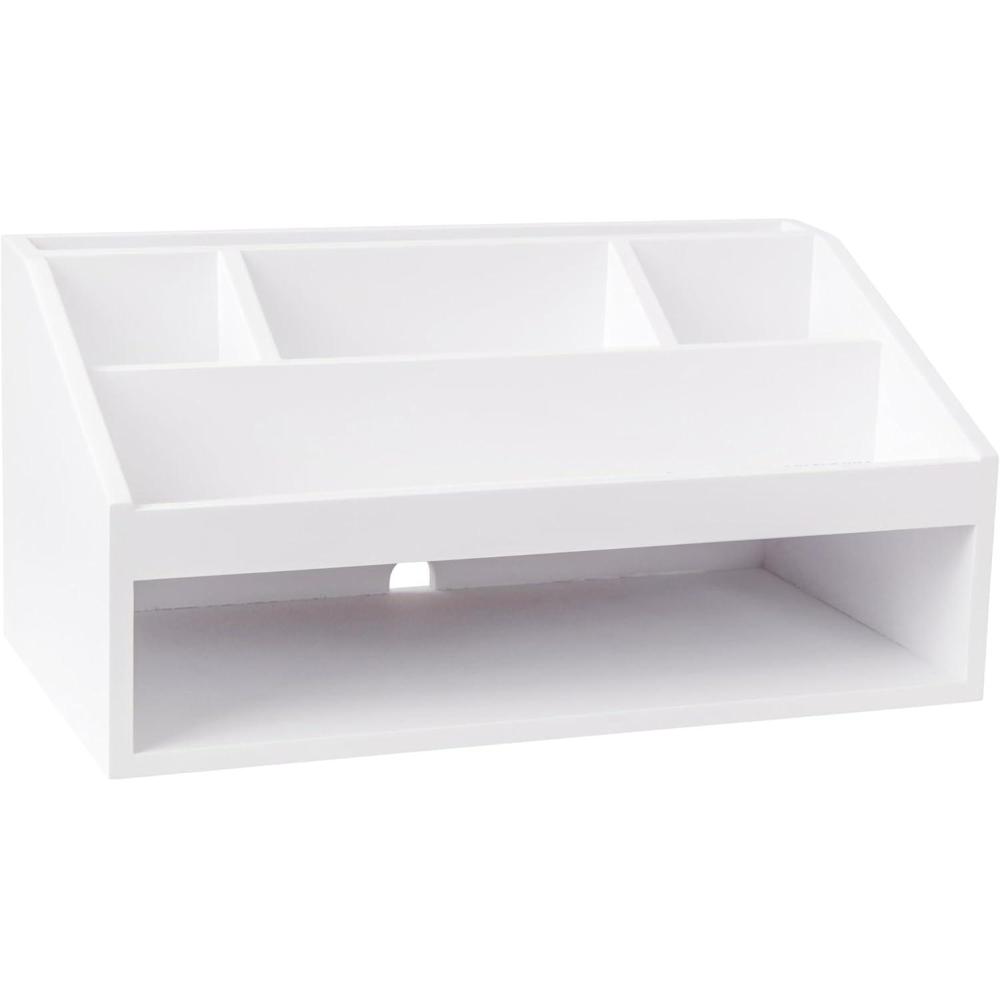imageMartha Stewart Weston Wooden Desktop Organizer with Open Lower Storage Compartment Engineered Wood Multipurpose Storage Caddy WhiteWhite
