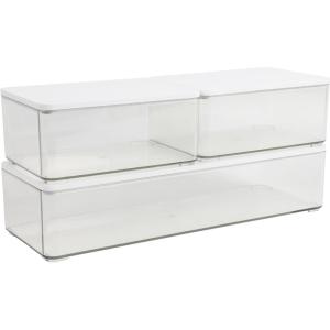 Martha Stewart Grady Clear Plastic Stackable Storage Boxes with Light Natural Paulownia Wood Lids, Set of 3(Clear/White Engineered Top)
