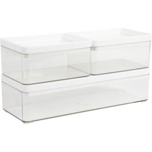 Martha Stewart Grady Clear Plastic Stackable Storage Boxes with Light Natural Paulownia Wood Lids, Set of 3(Clear/White Plastic Top)