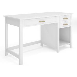 Martha Stewart Hutton Shaker Style Home Office Desk with 2 Side Drawers in White with Polished Brass Hardware