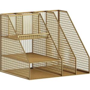 Martha Stewart Ryder Gold Mesh Metal Large Desktop Organizer with Magazine File Holder, Pen Holder, and Storage