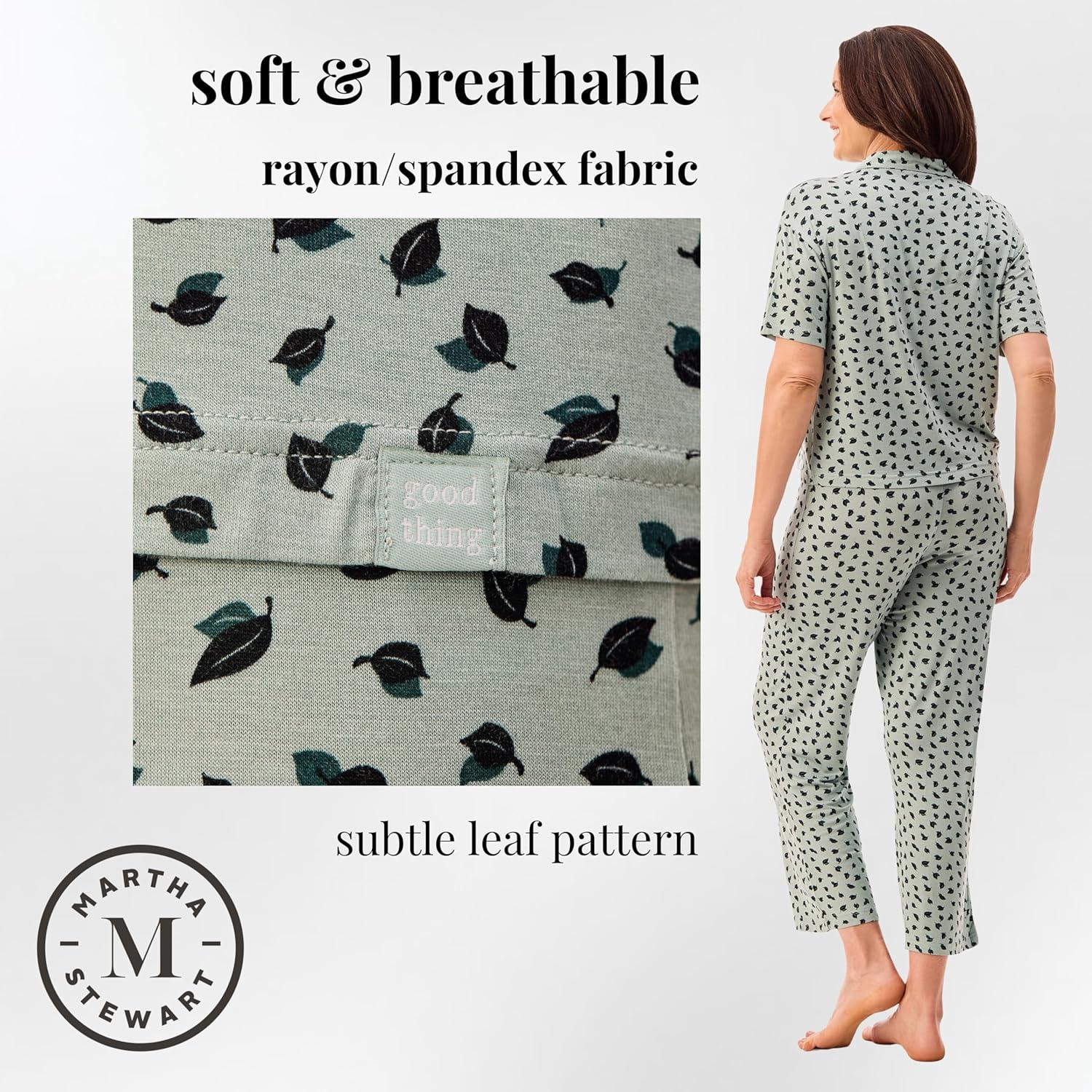 imagePeace Love amp Dreams Martha Stewart Sleepwear Womens Capri Pajama Set Lightweight Rayon LoungewearGreen Leaf