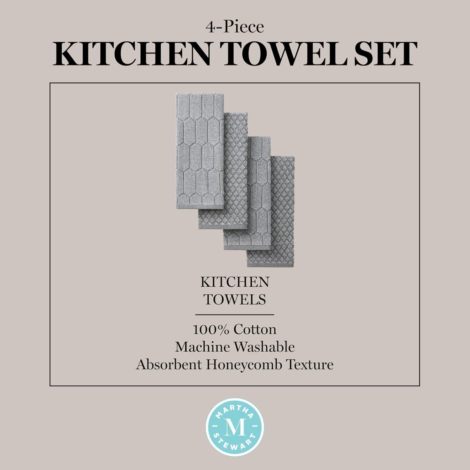 imageMartha Stewart Honeycomb Chambray Textured Kitchen Towel 4Pack Set 100 Cotton with Absorbent Terrycloth Decorative Kitchen Towels Mint Green 16x28Grey