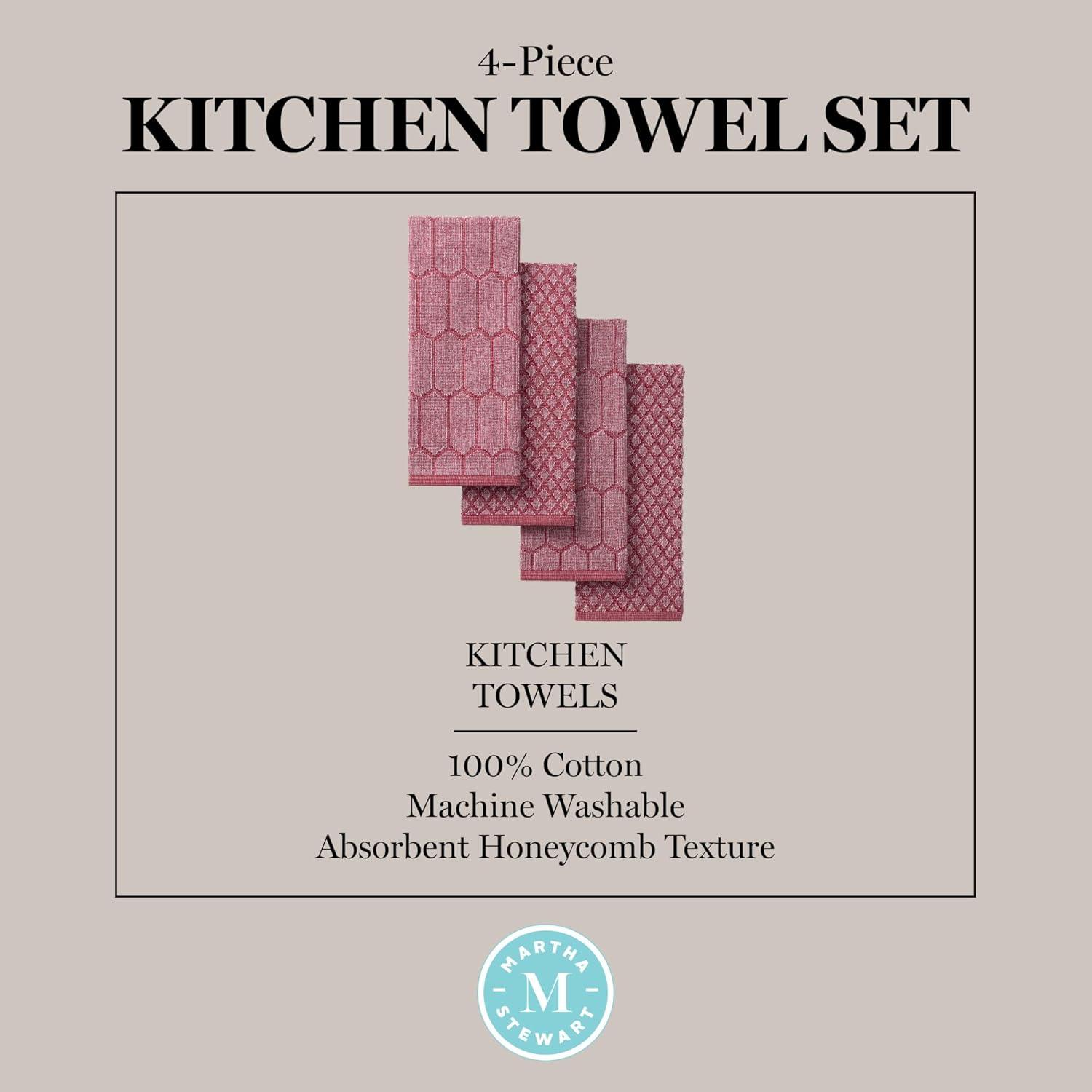 imageMartha Stewart Honeycomb Chambray Textured Kitchen Towel 4Pack Set 100 Cotton with Absorbent Terrycloth Decorative Kitchen Towels Mint Green 16x28Red