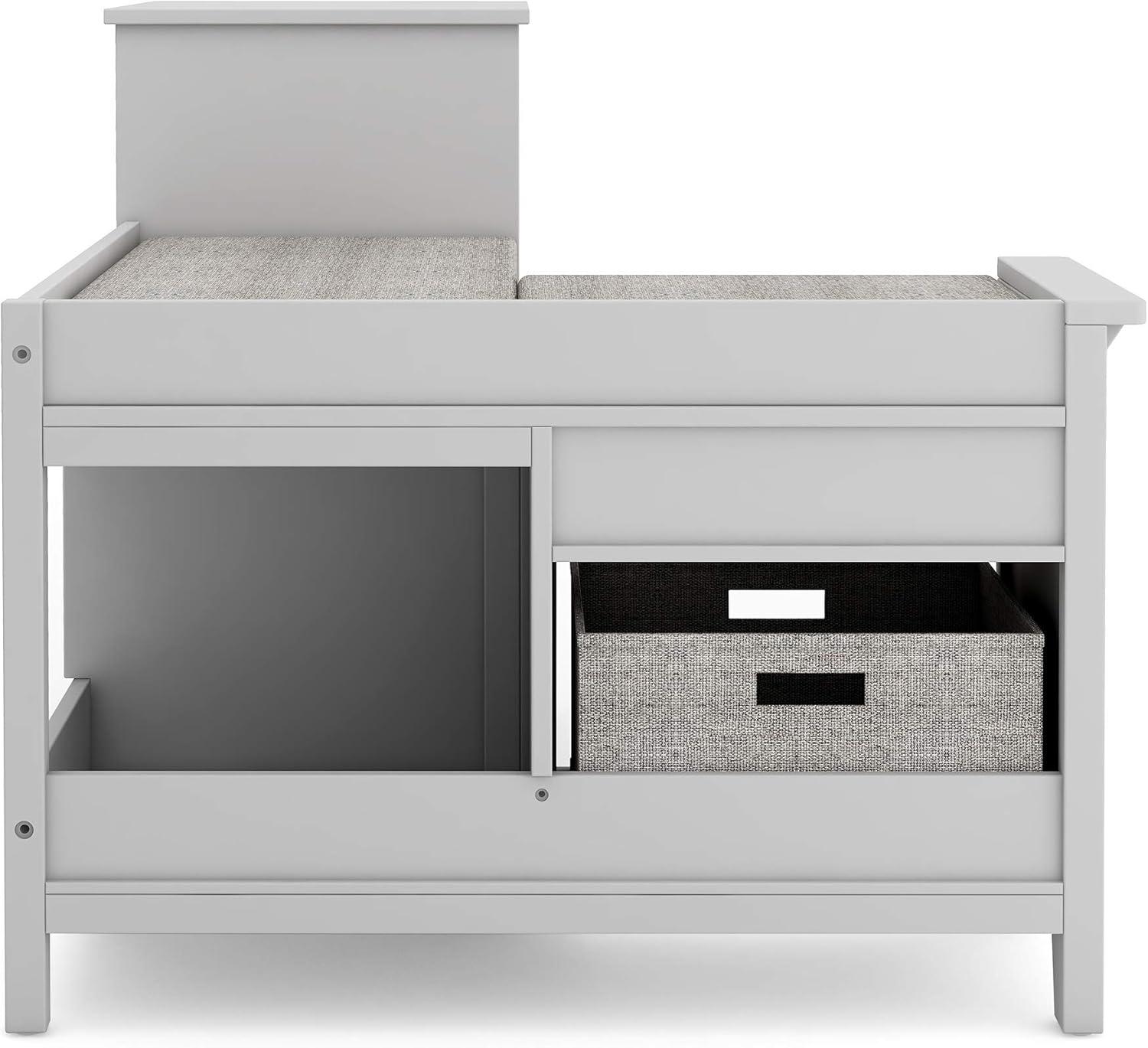 imageMartha Stewart Kids Corner Nook Linen White Wooden Storage Bench Bookcase Organizer with Seat Cushion and Fabric Bins for Reading in Bedroom or PlayroomGrey
