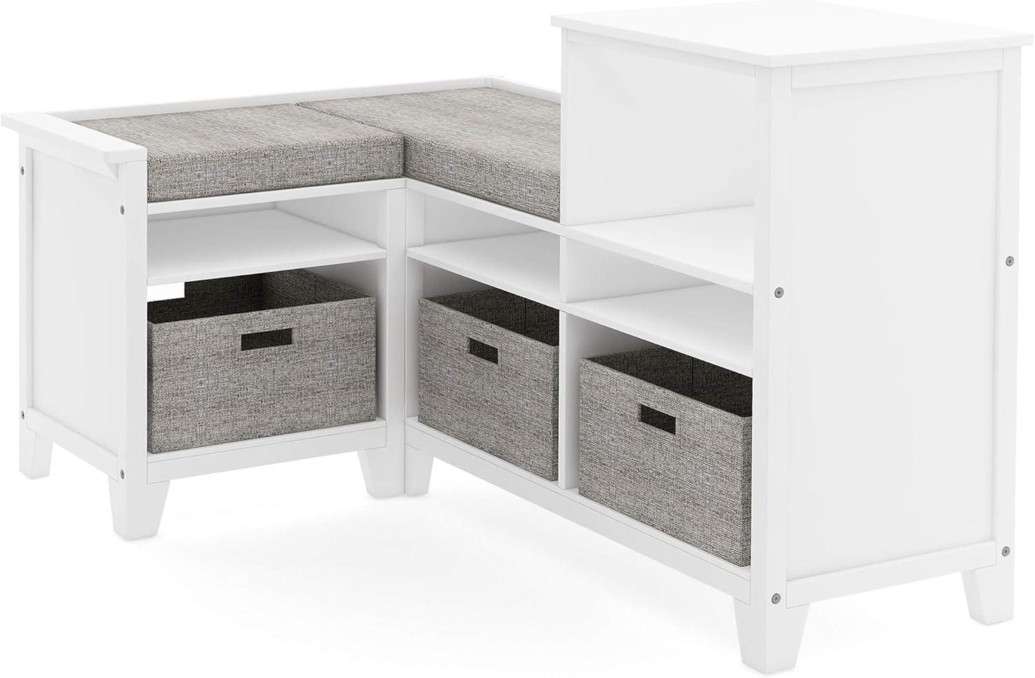 imageMartha Stewart Kids Corner Nook Linen White Wooden Storage Bench Bookcase Organizer with Seat Cushion and Fabric Bins for Reading in Bedroom or PlayroomLinen White