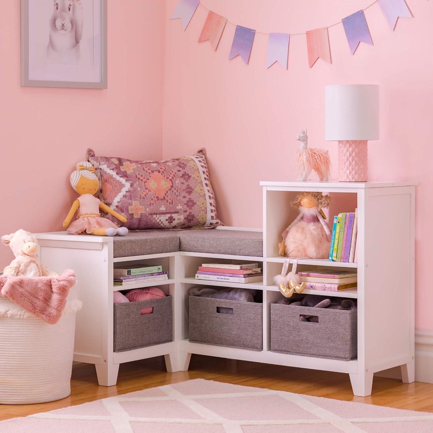 imageMartha Stewart Kids Corner Nook Linen White Wooden Storage Bench Bookcase Organizer with Seat Cushion and Fabric Bins for Reading in Bedroom or PlayroomLinen White