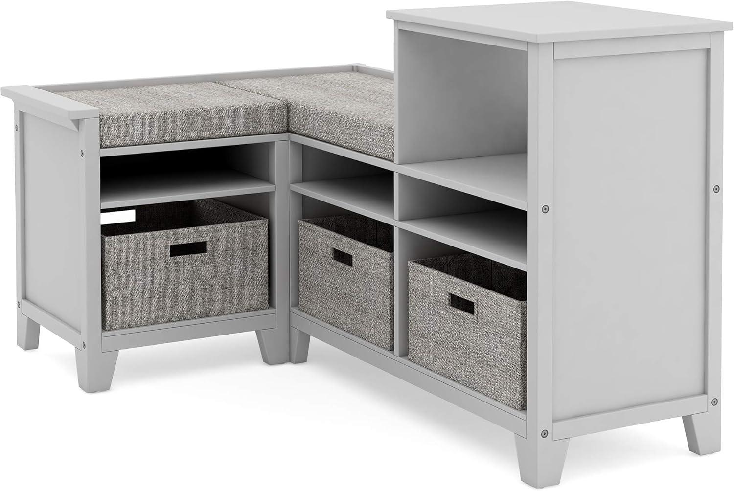 imageMartha Stewart Kids Corner Nook Linen White Wooden Storage Bench Bookcase Organizer with Seat Cushion and Fabric Bins for Reading in Bedroom or PlayroomGrey