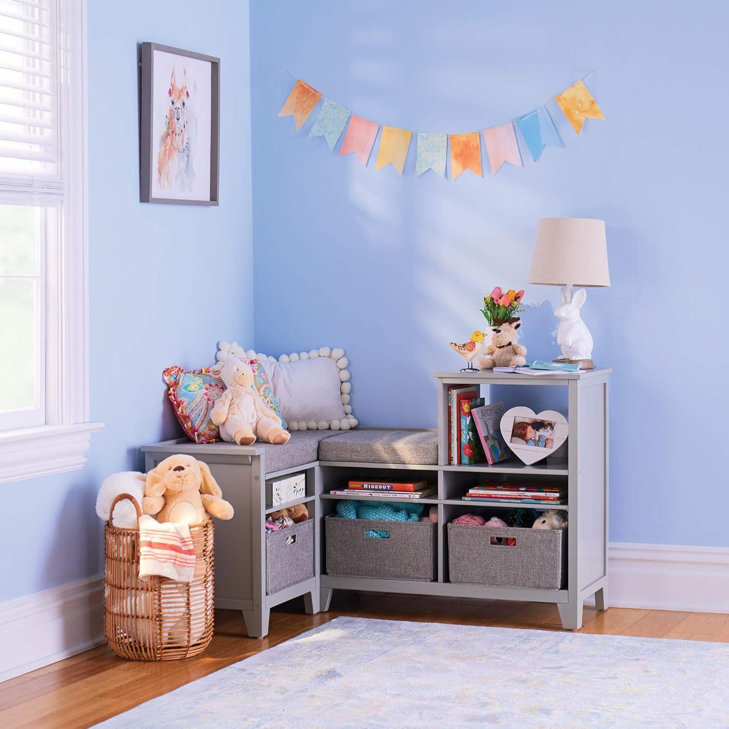 imageMartha Stewart Kids Corner Nook Linen White Wooden Storage Bench Bookcase Organizer with Seat Cushion and Fabric Bins for Reading in Bedroom or PlayroomGrey