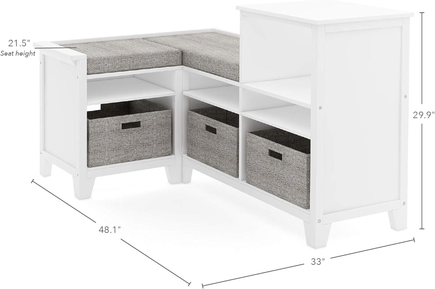 imageMartha Stewart Kids Corner Nook Linen White Wooden Storage Bench Bookcase Organizer with Seat Cushion and Fabric Bins for Reading in Bedroom or PlayroomLinen White