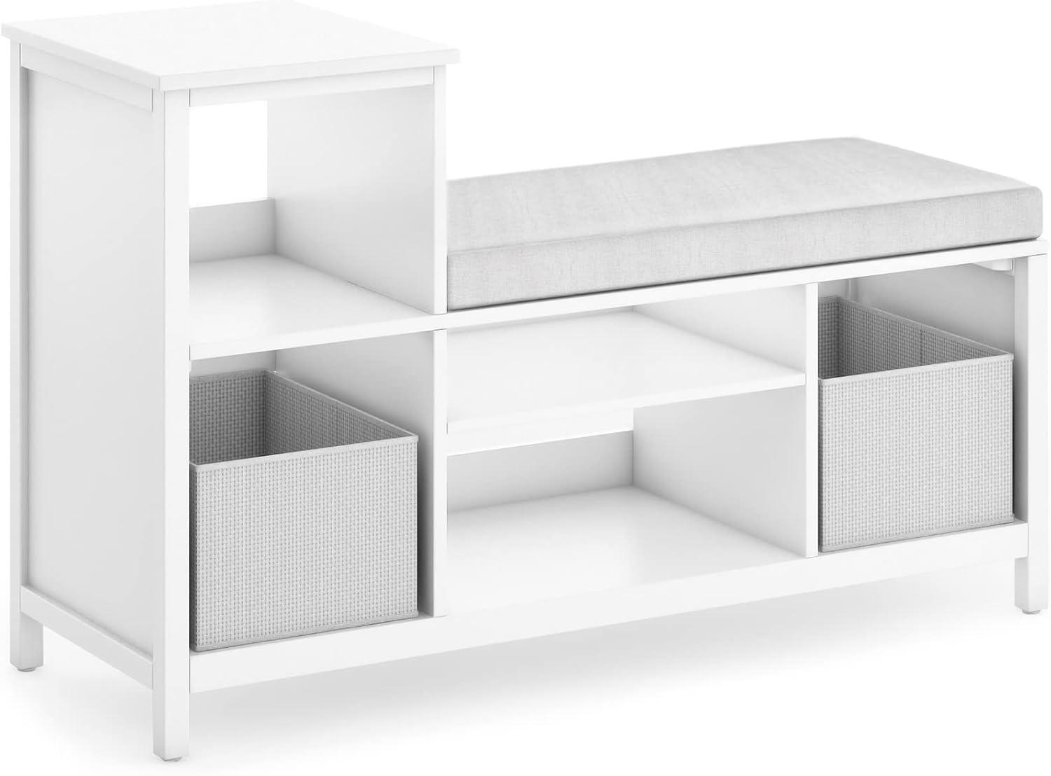 imageMartha Stewart Kids Jr Reading Nook with Bins Linen White Kids Wood Bookshelf and Storage Bench with Open Shelves and Canvas Storage Bins for Toys Games and Books Toddler Room Furniture