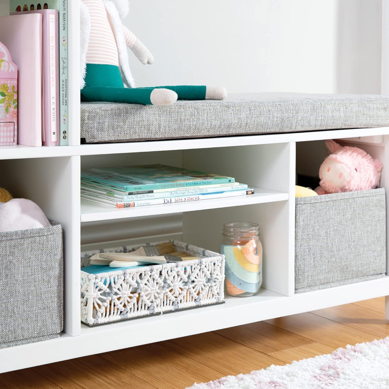 imageMartha Stewart Kids Jr Reading Nook with Bins Linen White Kids Wood Bookshelf and Storage Bench with Open Shelves and Canvas Storage Bins for Toys Games and Books Toddler Room Furniture