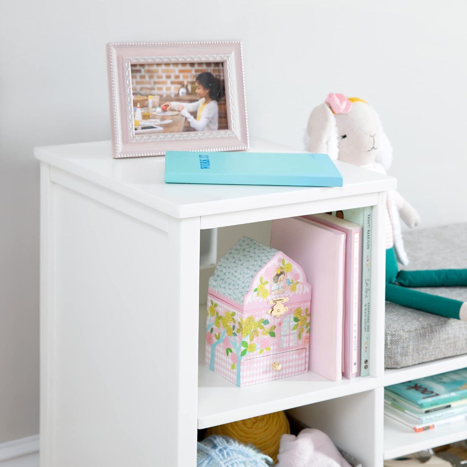 imageMartha Stewart Kids Jr Reading Nook with Bins Linen White Kids Wood Bookshelf and Storage Bench with Open Shelves and Canvas Storage Bins for Toys Games and Books Toddler Room Furniture