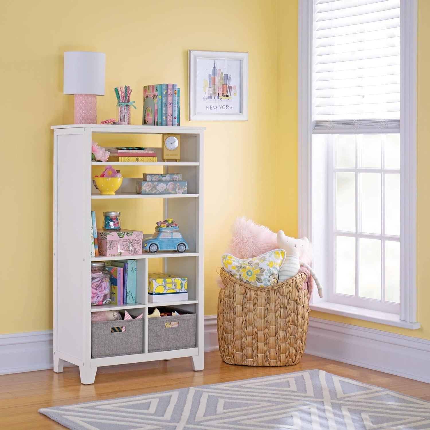 imageMartha Stewart Kids Tall Bookcase Linen White 48 Inch Wooden Storage Organizer Cubby with Fabric Bins for Playroom and BedroomLinen White