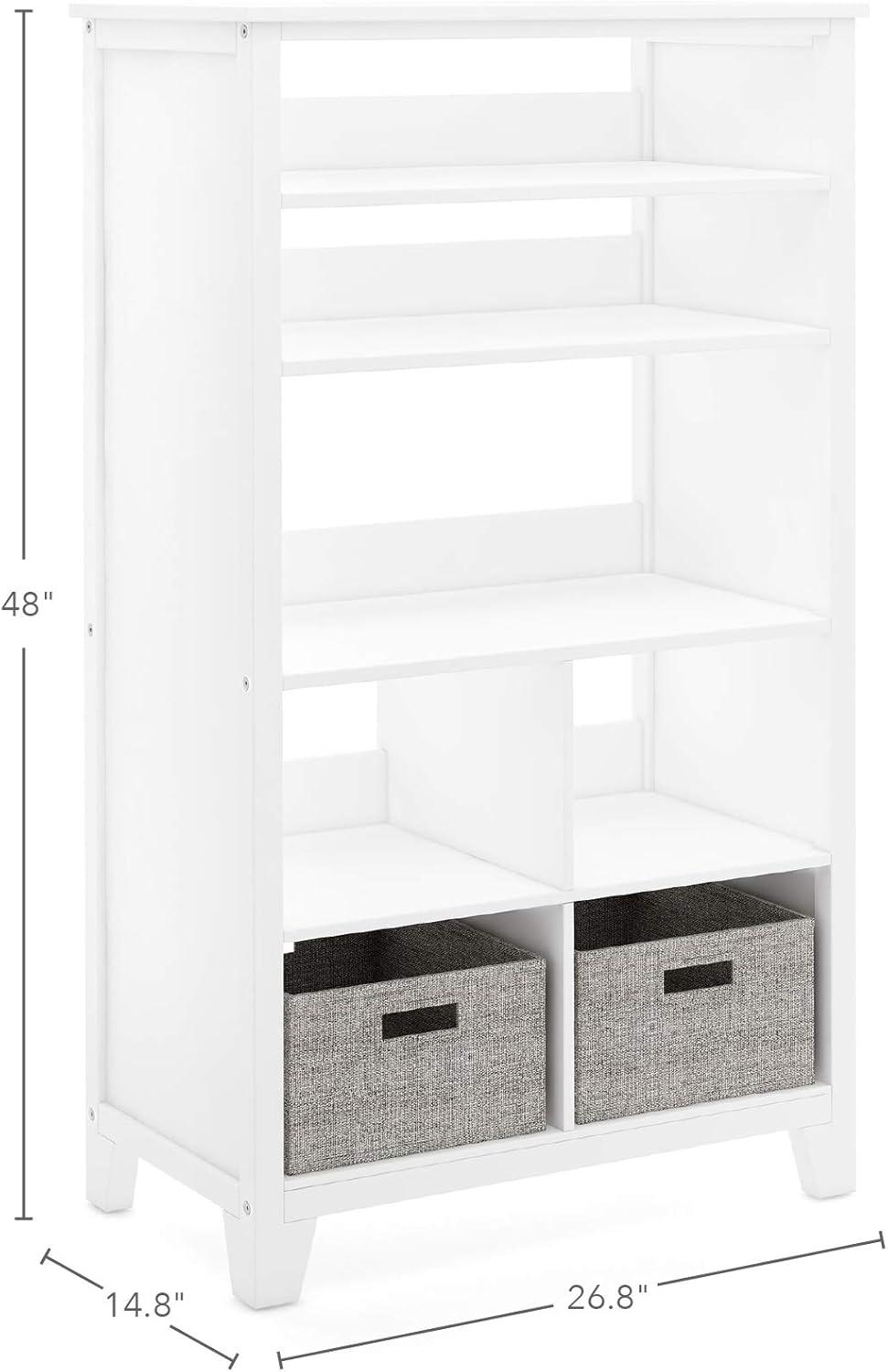 imageMartha Stewart Kids Tall Bookcase Linen White 48 Inch Wooden Storage Organizer Cubby with Fabric Bins for Playroom and BedroomLinen White