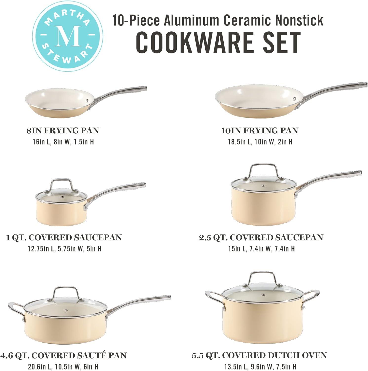 imageMartha Stewart Lockton Premium Nonstick 10 Piece Enamel Heavy Gauge Aluminum Pots and Pans Cookware Set Martha BlueButter Cream
