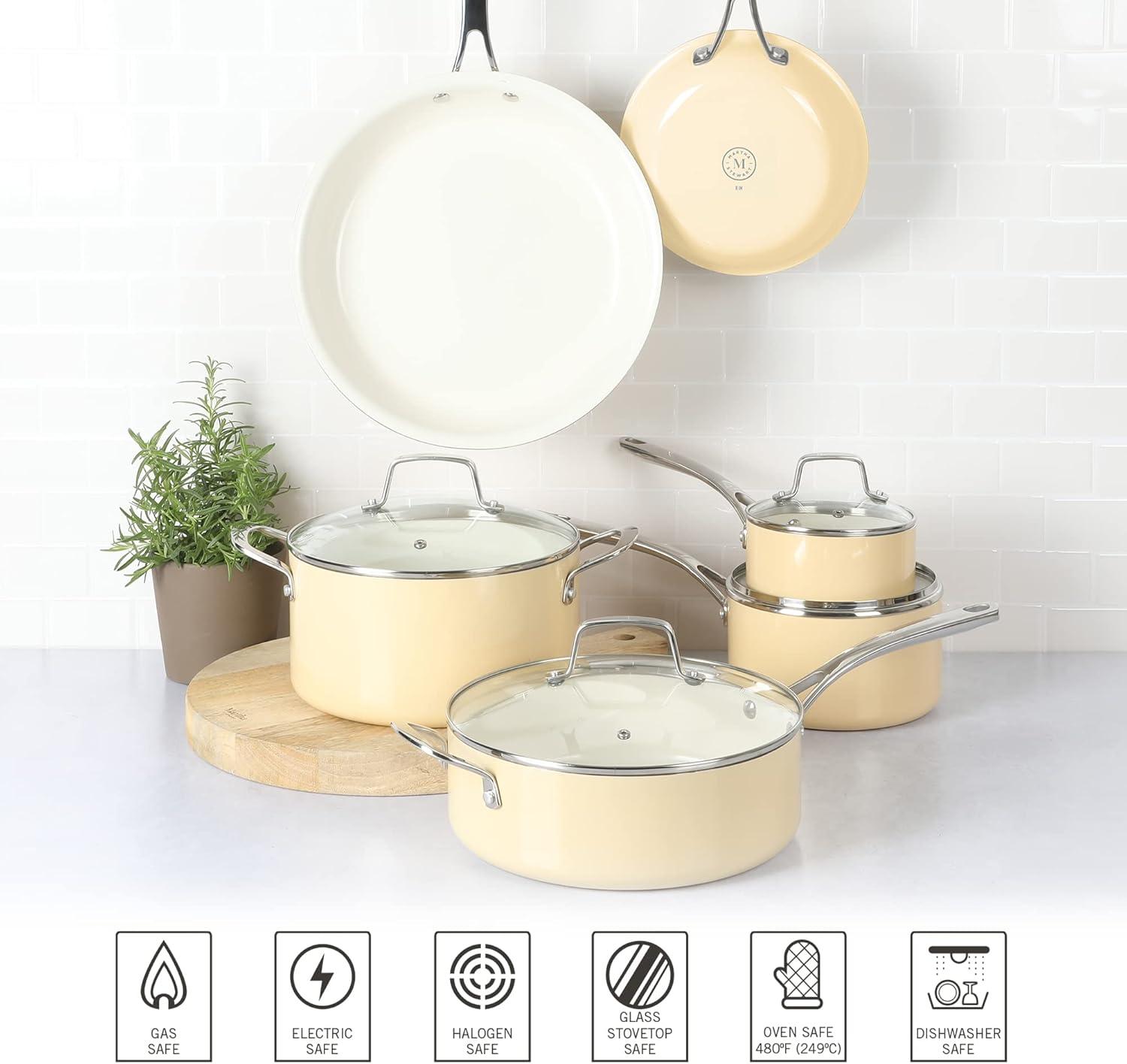 imageMartha Stewart Lockton Premium Nonstick 10 Piece Enamel Heavy Gauge Aluminum Pots and Pans Cookware Set Martha BlueButter Cream