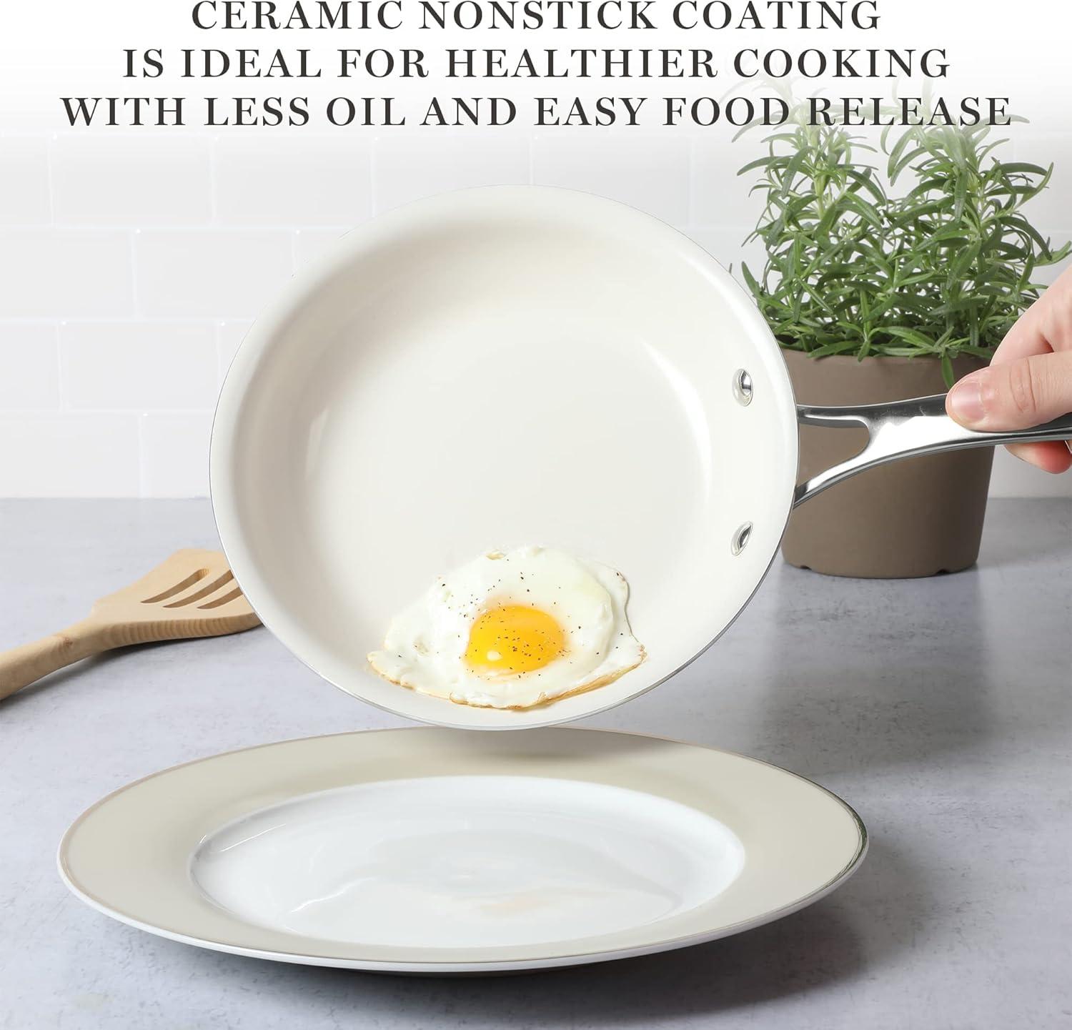 imageMartha Stewart Lockton Premium Nonstick 10 Piece Enamel Heavy Gauge Aluminum Pots and Pans Cookware Set Martha BlueButter Cream