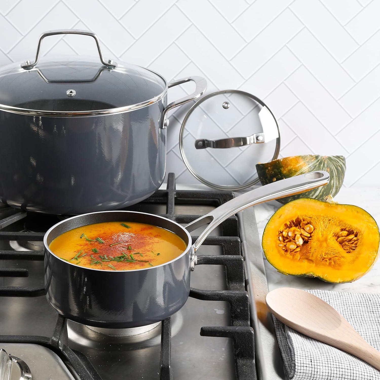 imageMartha Stewart Lockton Premium Nonstick 10 Piece Enamel Heavy Gauge Aluminum Pots and Pans Cookware Set Martha BlueGray