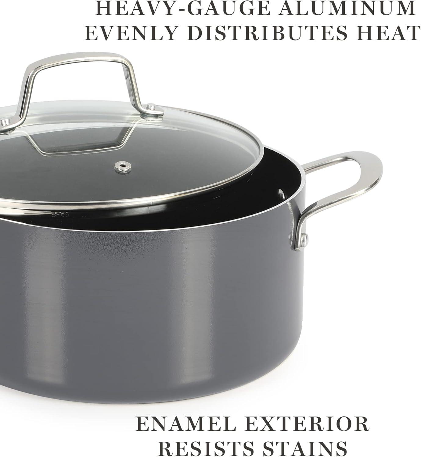 imageMartha Stewart Lockton Premium Nonstick 10 Piece Enamel Heavy Gauge Aluminum Pots and Pans Cookware Set Martha BlueGray