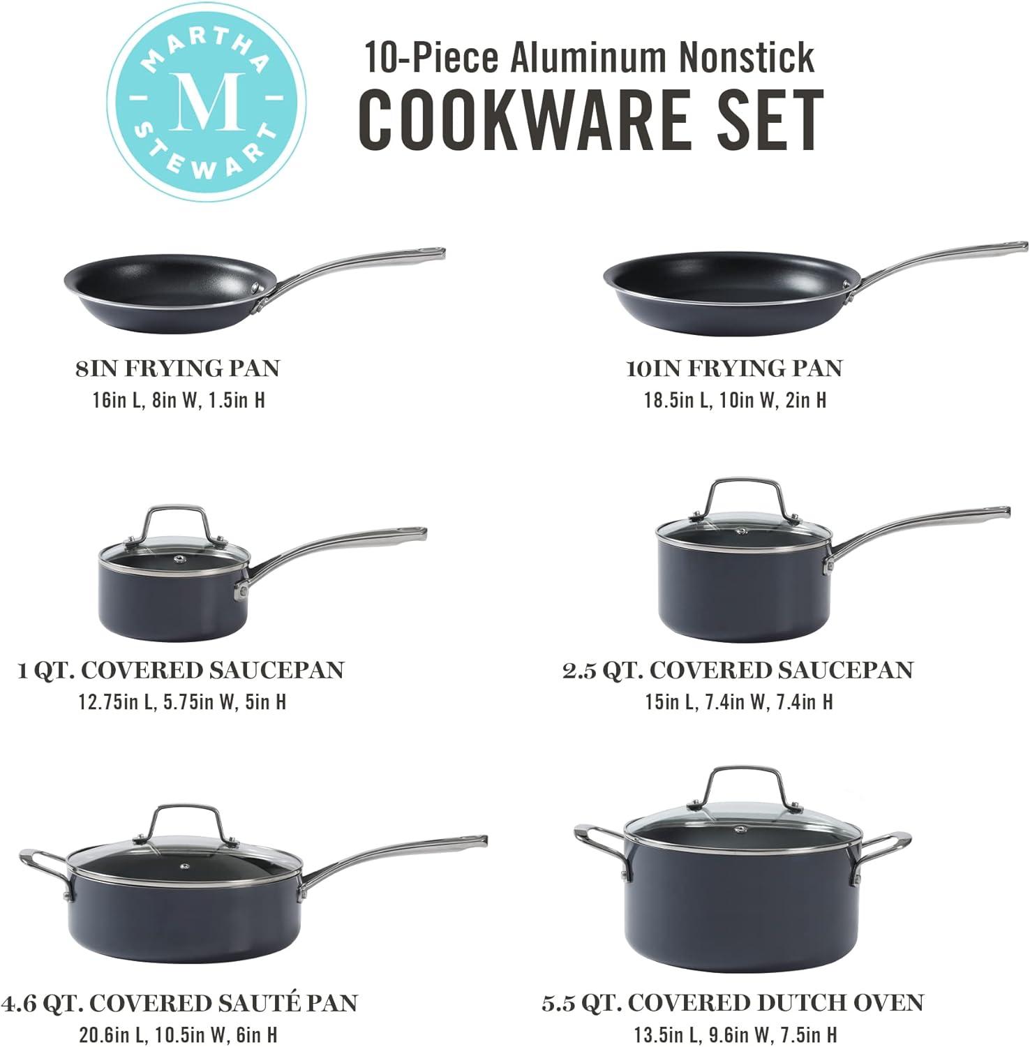 imageMartha Stewart Lockton Premium Nonstick 10 Piece Enamel Heavy Gauge Aluminum Pots and Pans Cookware Set Martha BlueGray