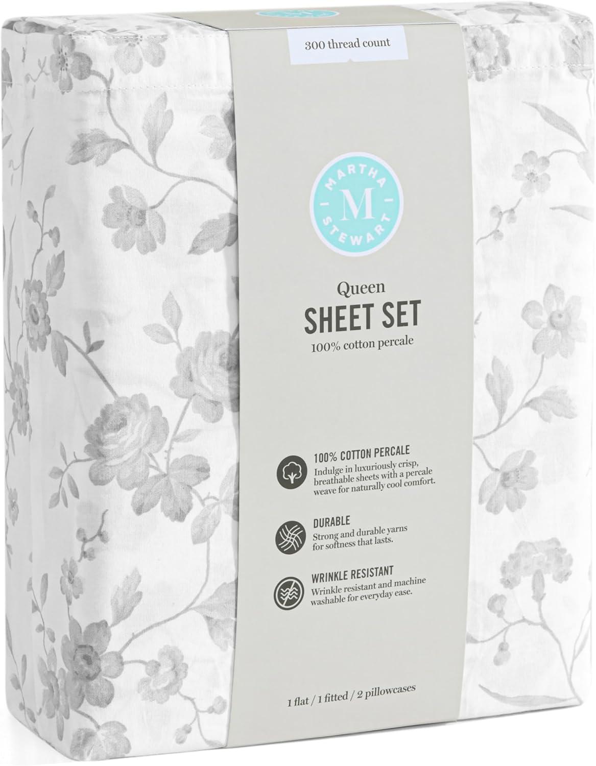 imageMartha Stewart Ruth Ditsy Floral 300TC 100 Cotton Percale Sheet Set BlueWhite 4 Piece 1 Flat Sheet 1 Fitted Sheet 2 Std Pillowcases Breathable Cotton Printed Bed Sheets Queen SizeTwin