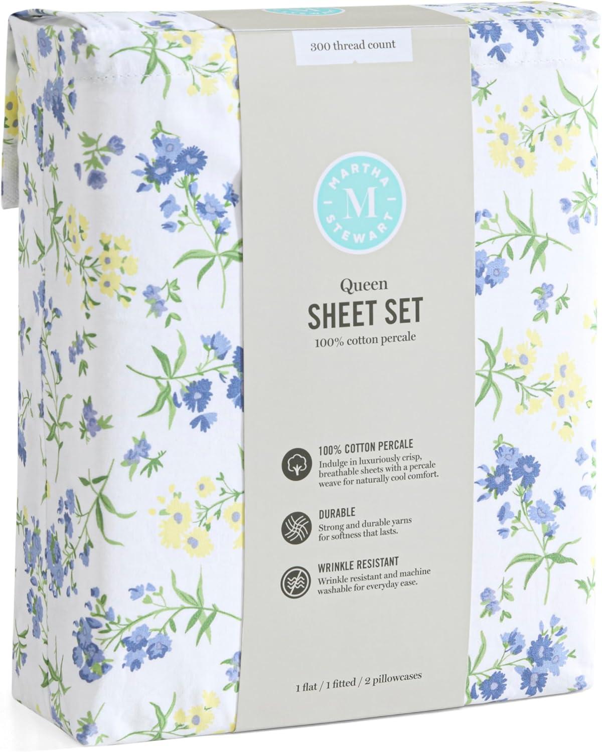 imageMartha Stewart Ruth Ditsy Floral 300TC 100 Cotton Percale Sheet Set BlueWhite 4 Piece 1 Flat Sheet 1 Fitted Sheet 2 Std Pillowcases Breathable Cotton Printed Bed Sheets Queen SizeTwin