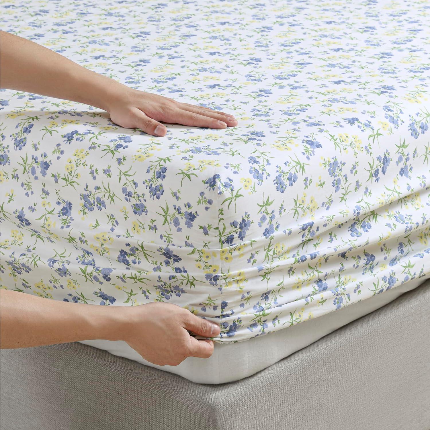 imageMartha Stewart Ruth Ditsy Floral 300TC 100 Cotton Percale Sheet Set BlueWhite 4 Piece 1 Flat Sheet 1 Fitted Sheet 2 Std Pillowcases Breathable Cotton Printed Bed Sheets Queen SizeTwin